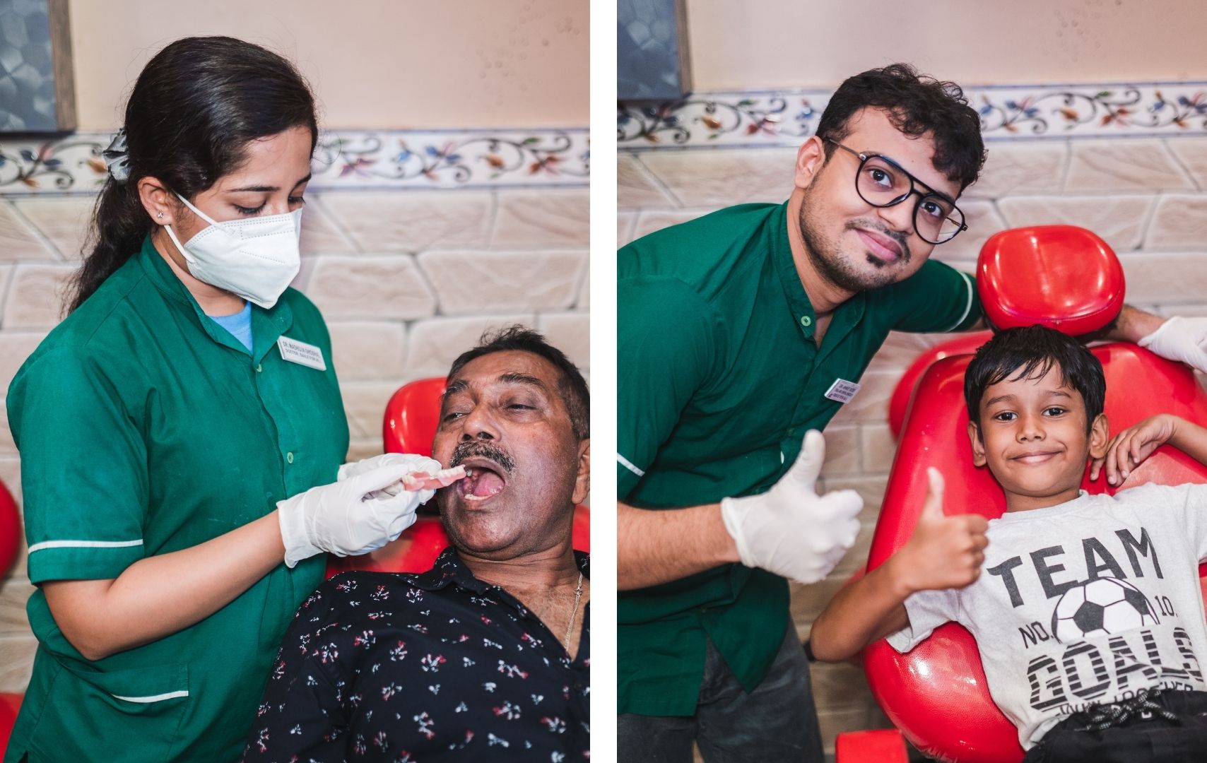 Dental staff treating an adult patient and assisting a smiling child giving a thumbs-up in the clinic.