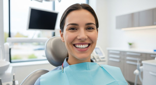 Smiling dental patient sitting in a clinic chair during a routine checkup in a bright modern clinic.