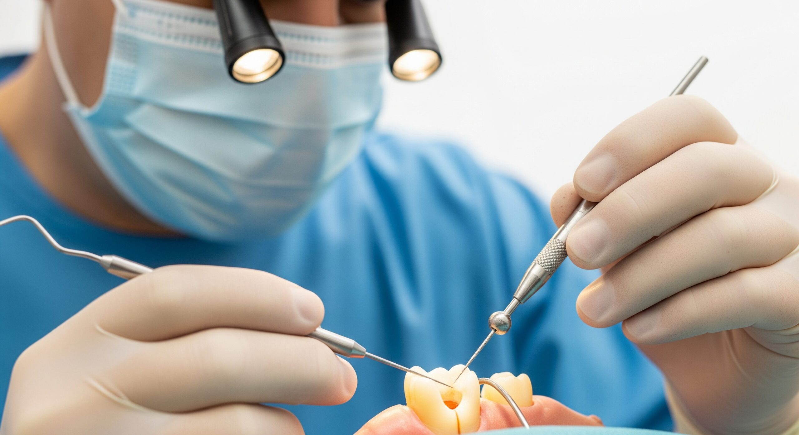 Dentist wearing magnifying loupes and gloves performing a detailed dental procedure on a tooth model.