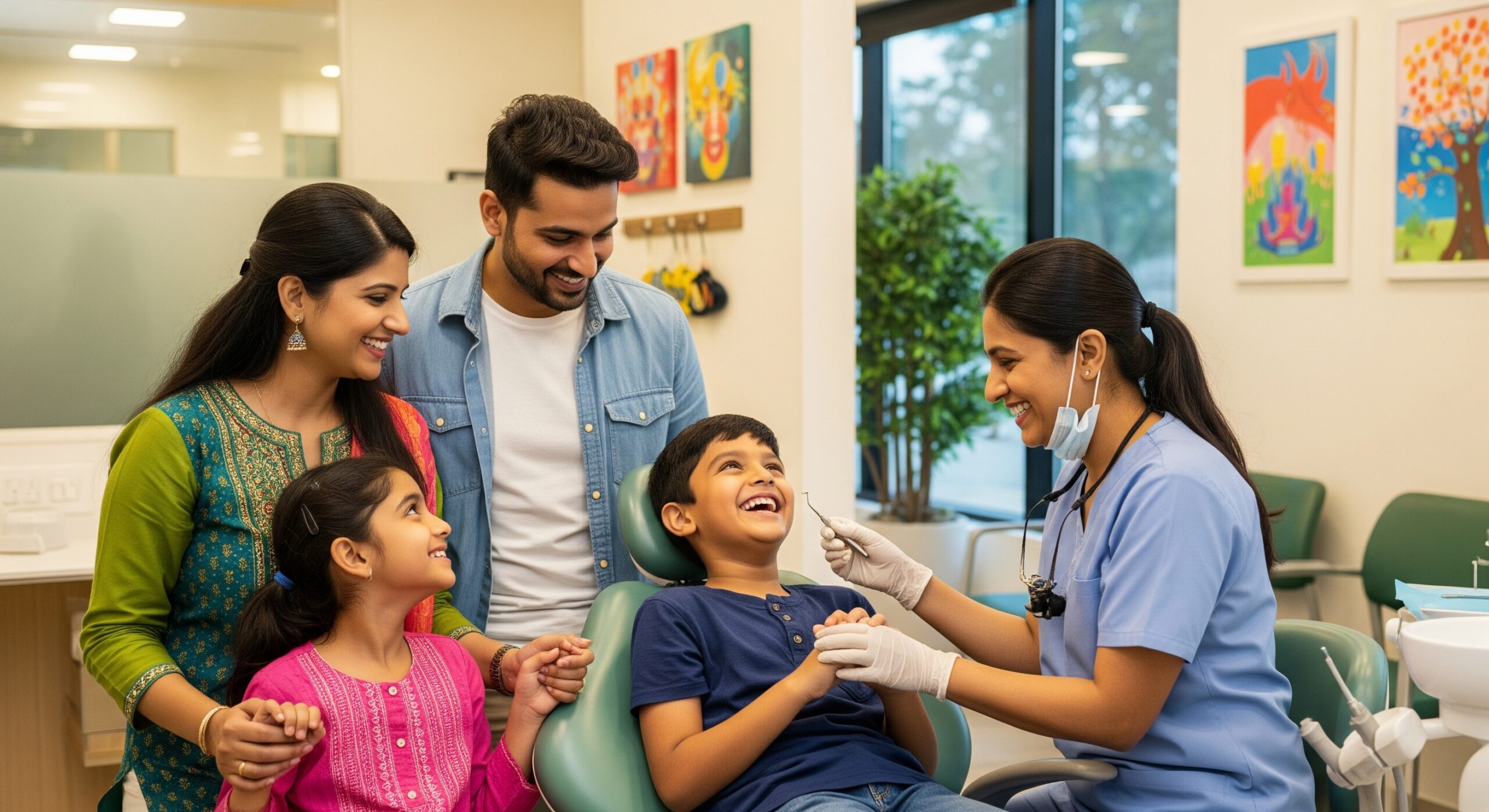 Dentist interacting with a happy family in a bright, modern pediatric clinic interior setting.