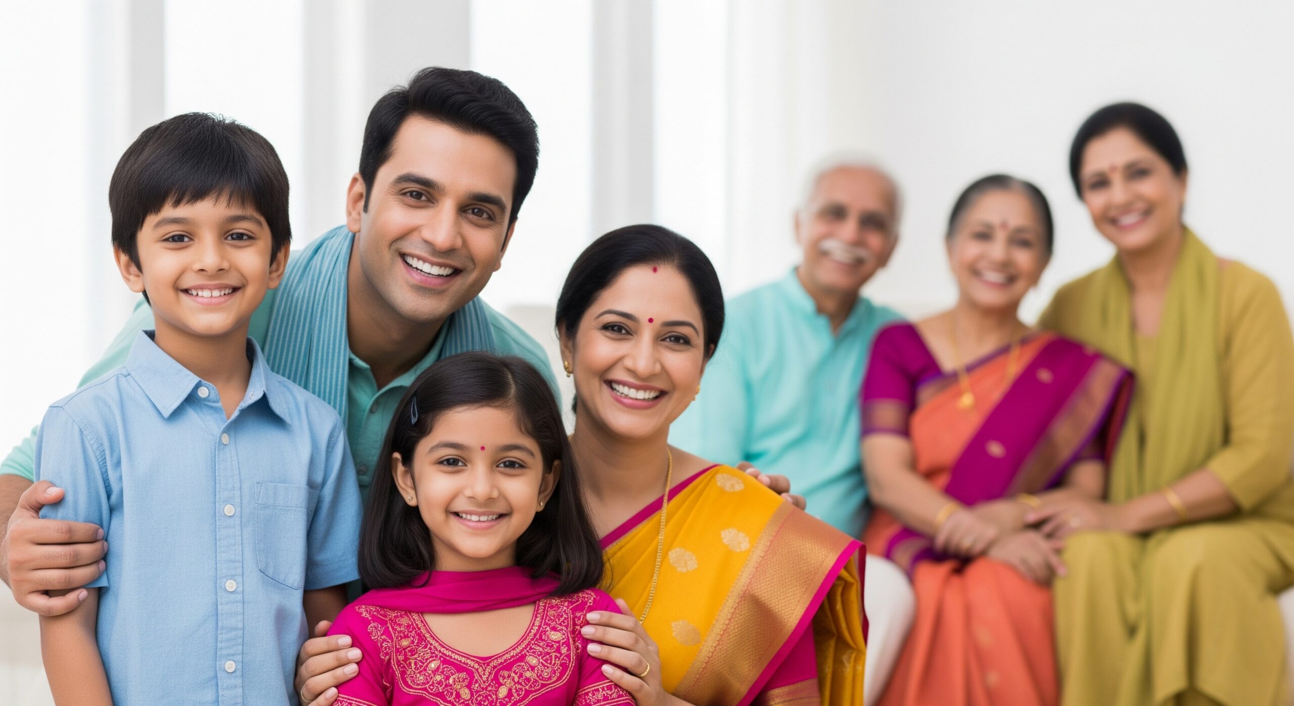 Smiling Indian family portrait in a bright, modern residential living room designed for comfort.