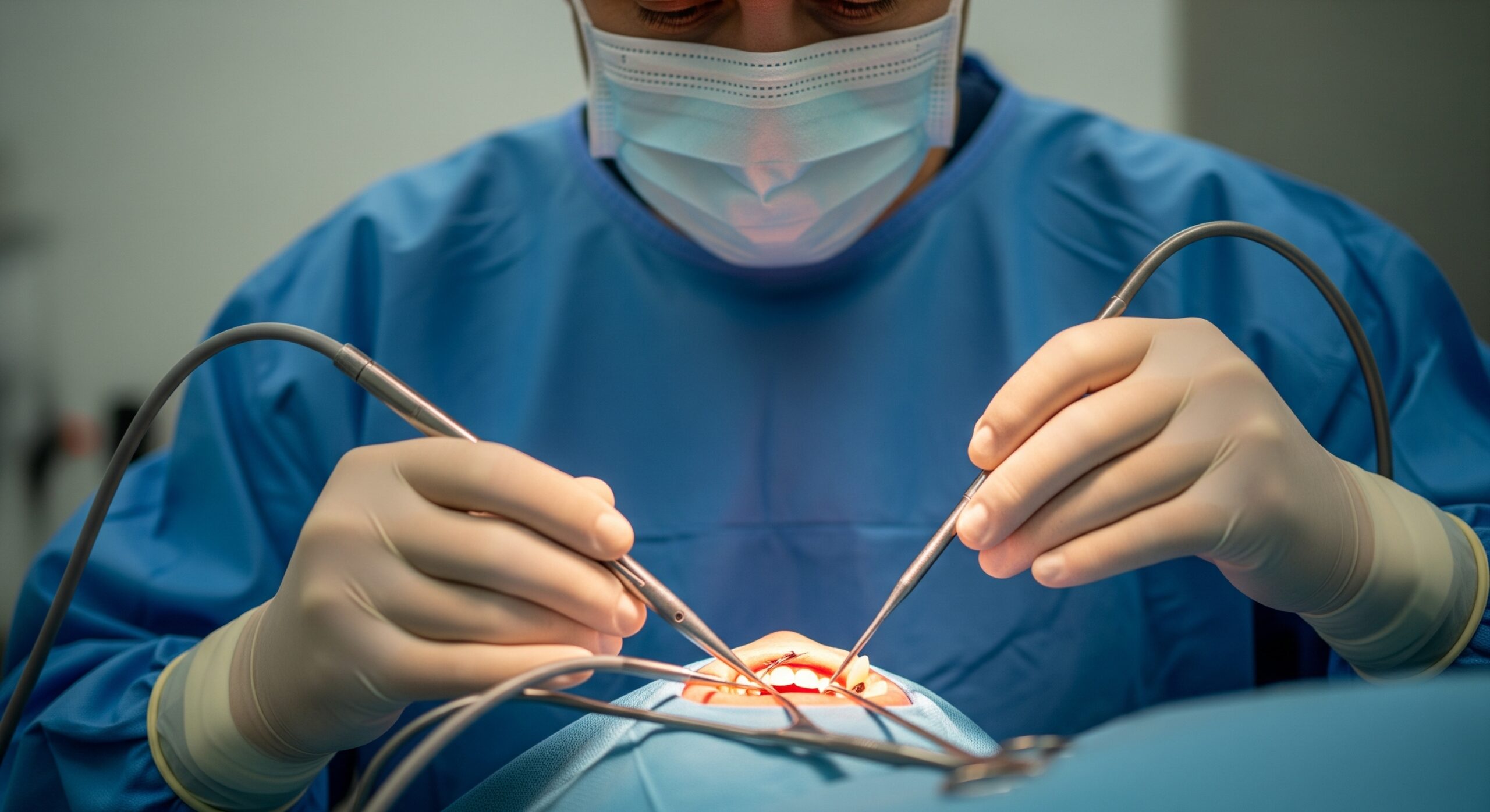 Dentist in surgical gear performing a precise dental procedure using multiple instruments.