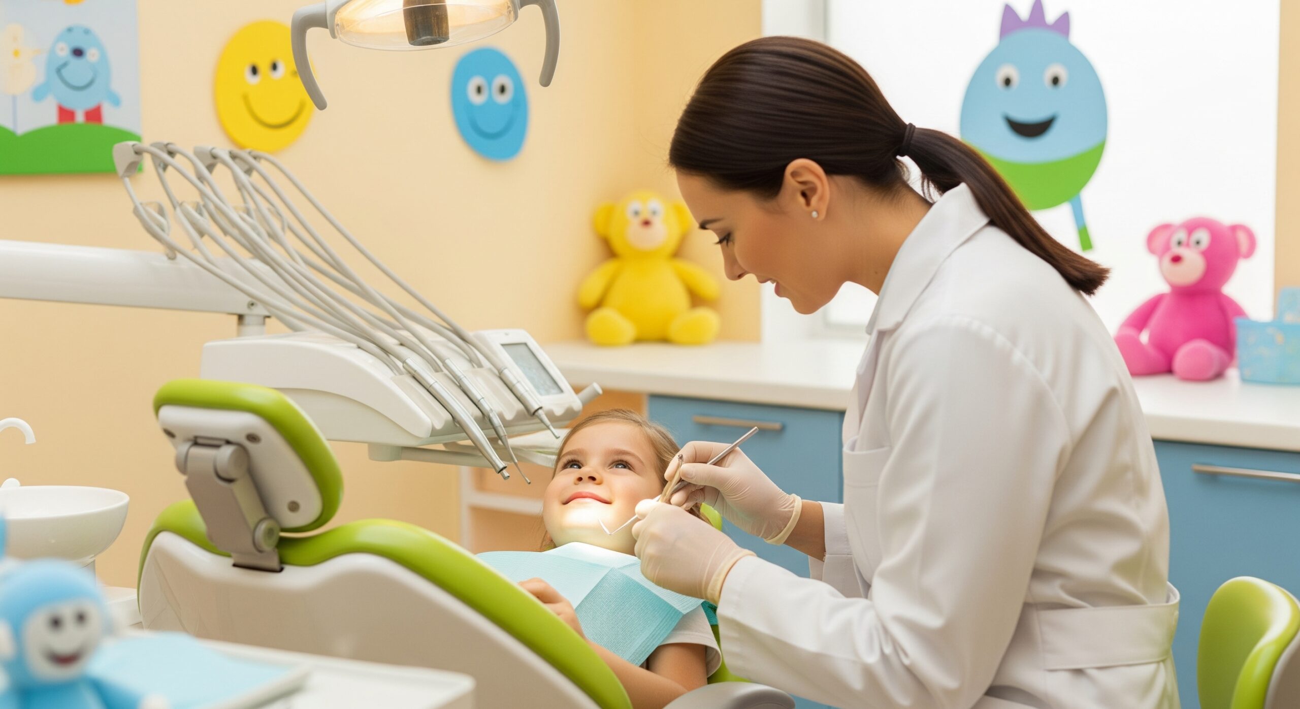 Pediatric dentist examining a young patient in a colorful child-friendly dental clinic treatment room.