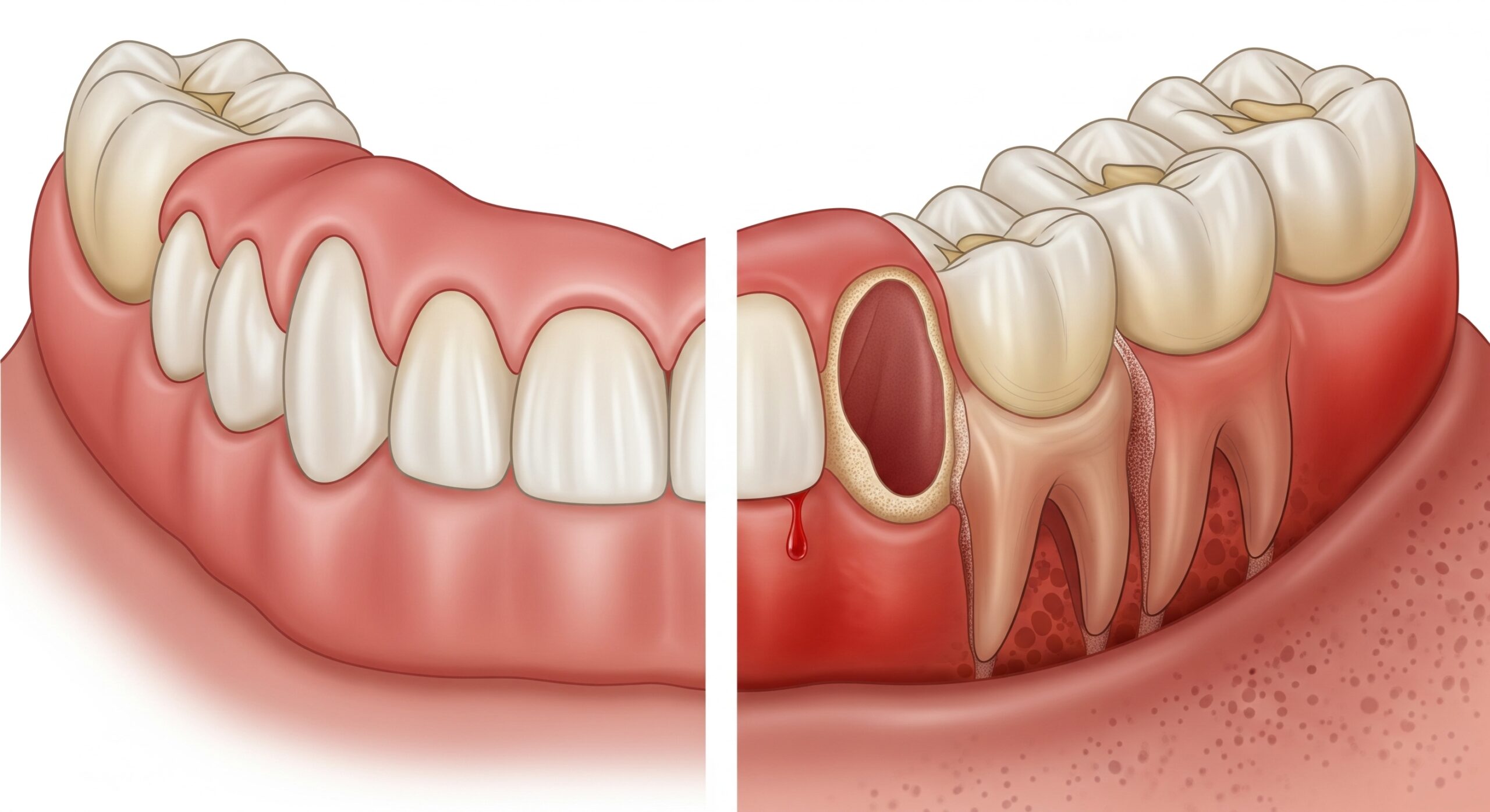 Illustration comparing healthy teeth to an empty tooth extraction socket in the lower jaw.