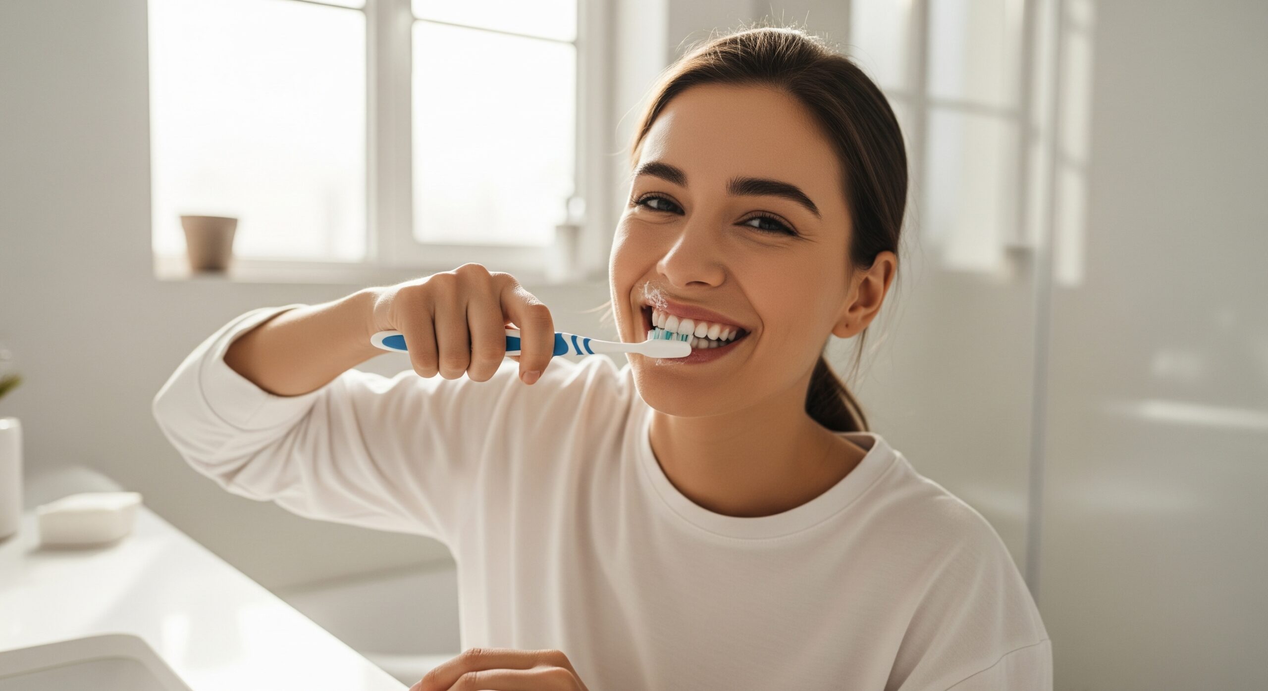 Woman smiling while brushing her teeth in a bright bathroom, holding a toothbrush with toothpaste.