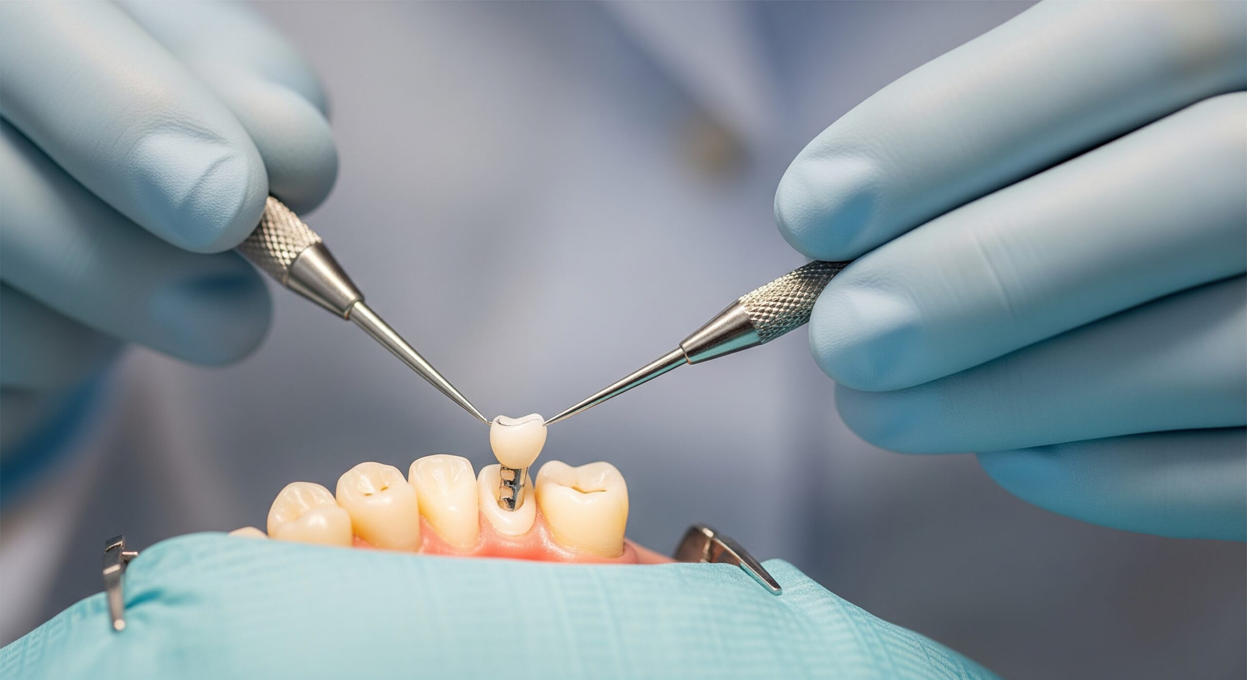 Dentist placing a porcelain dental crown onto a titanium implant abutment during a procedure.