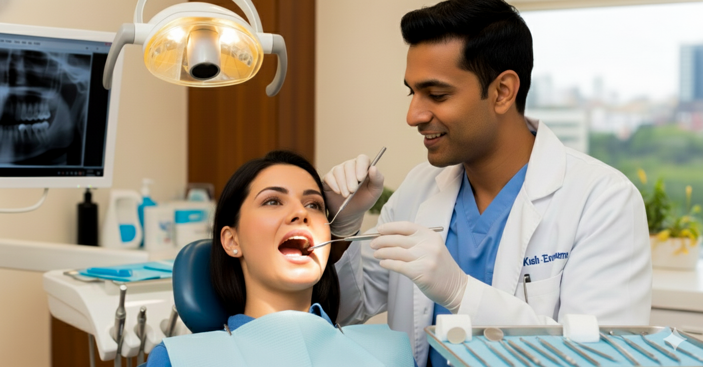 Dentist examining female patient’s teeth under dental light inside modern clinic with dental tools.