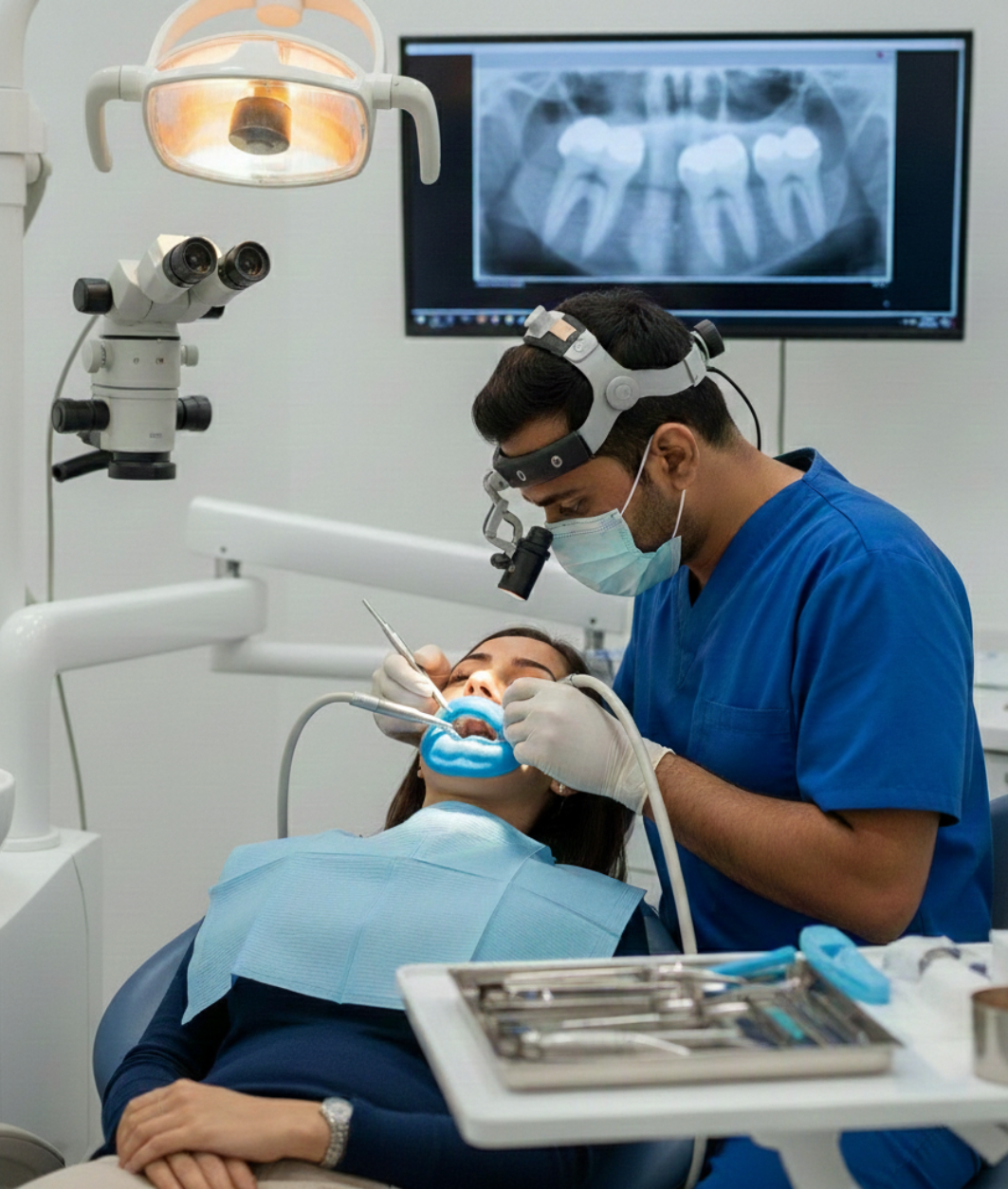 Dentist performing root canal treatment on a patient in a modern dental clinic using precision instruments.
