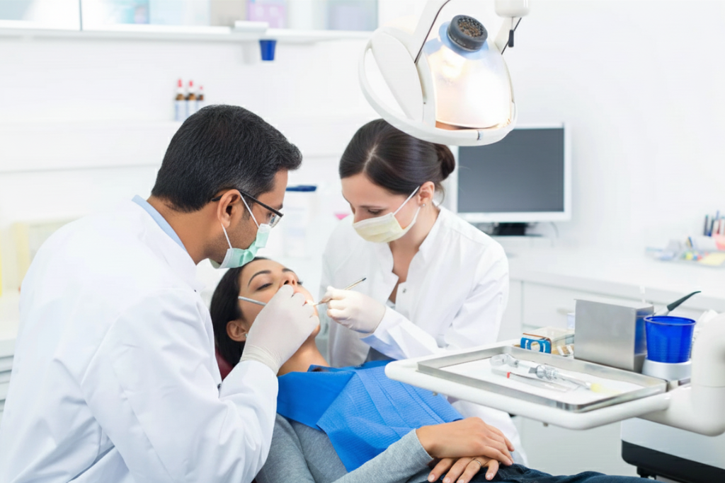 Dentist and dental assistant performing root canal treatment on a patient in a modern clinical setting.