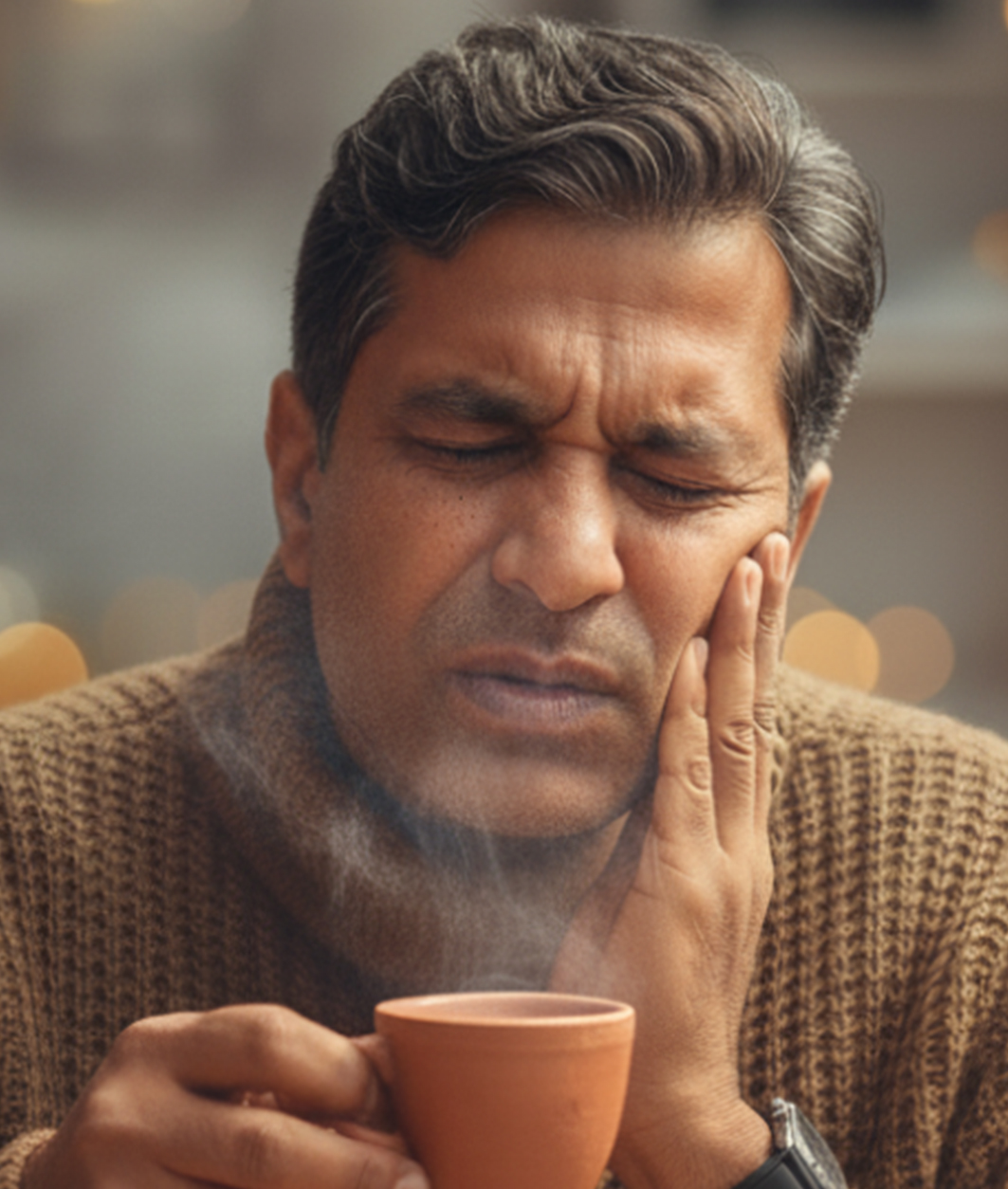 A man experiencing tooth sensitivity holding a hot beverage while touching his jaw in an indoor setting.
