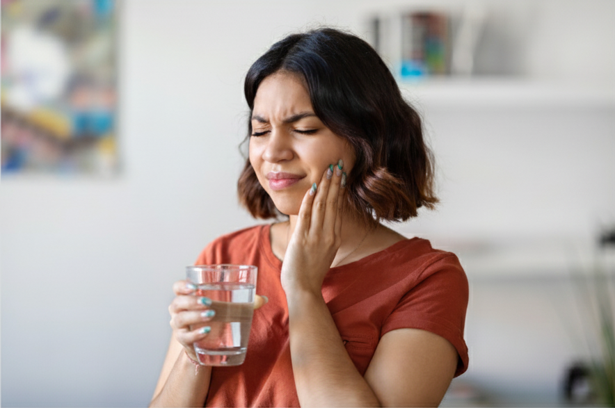 Woman experiencing jaw pain after drinking water while standing in a modern residential interior with soft lighting.