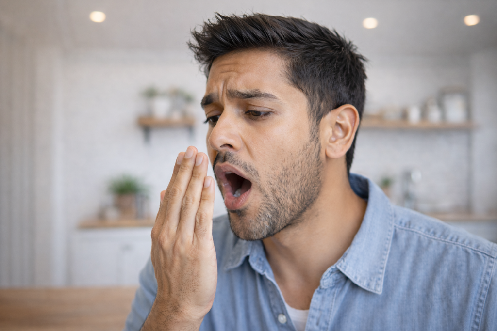 A man checks his breath by cupping his hand, showing concern about bad breath or oral hygiene issues.