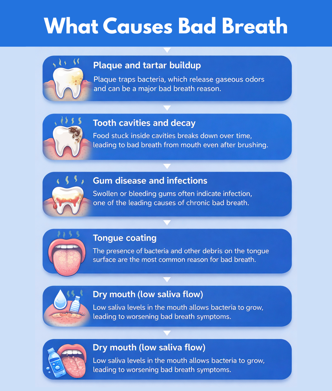 Infographic showing main causes of bad breath, including plaque, cavities, gum disease, tongue coating, and dry mouth.