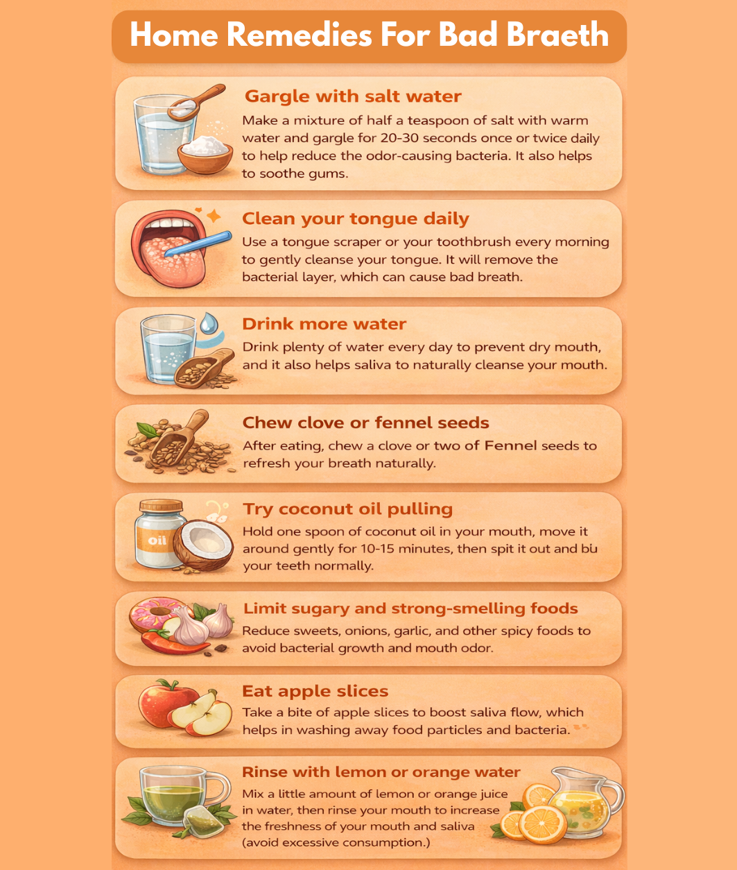 Infographic showing home remedies for bad breath, such as salt water gargling, tongue cleaning, and drinking water.