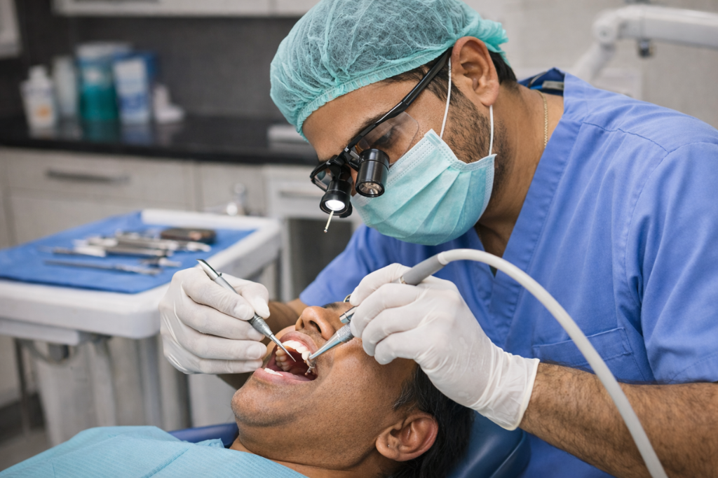 A dentist performing full mouth rehabilitation on a patient using precision tools in a modern dental clinic.
