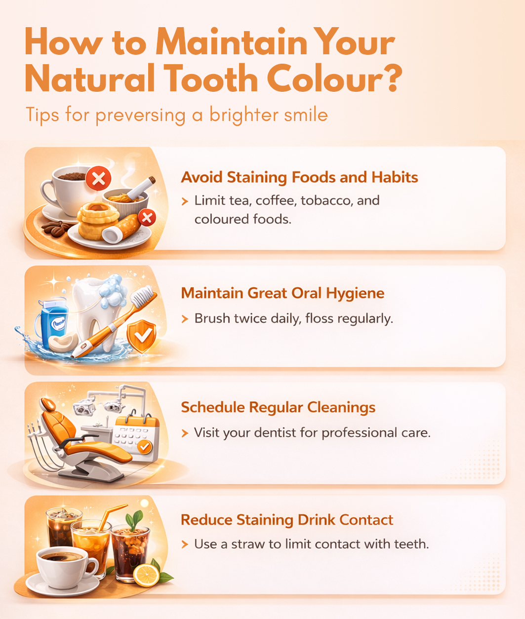 Dental infographic on maintaining natural tooth color with oral hygiene tips and stain prevention guidance.